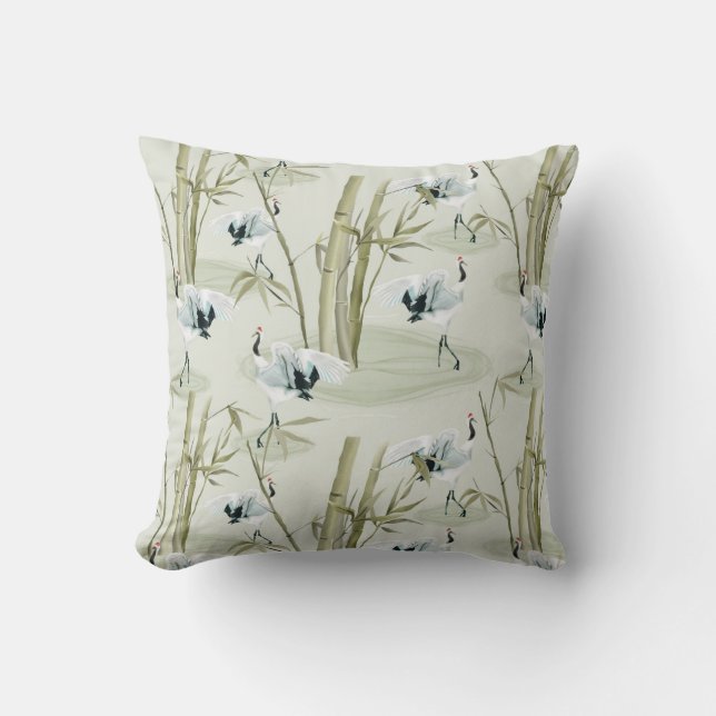 Japanese Watercolor Asian Art Bamboo Bird Pattern Throw Pillow (Front)