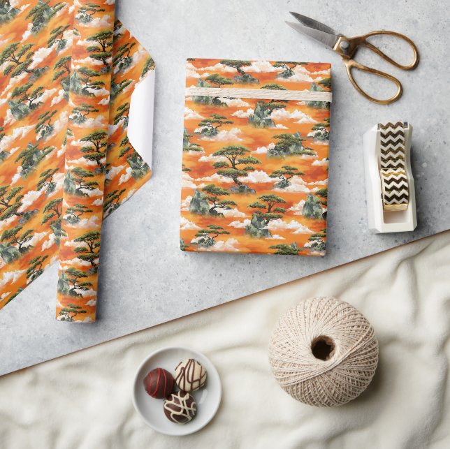 Japanese Watercolor Bonsai Pine Mountain Pattern Wrapping Paper (Crafts)