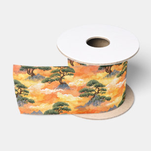 Japanese Watercolor Bonsai Pines in Golden Clouds  Satin Ribbon