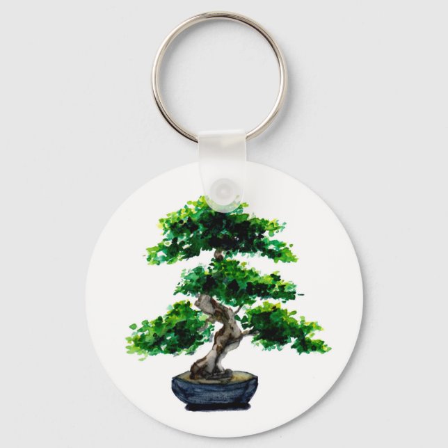 Japanese Watercolor Bonsai Tree Keychain (Front)