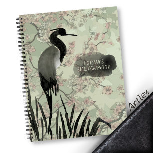 Japanese Watercolor Crane Cherry Blossom Journal 
