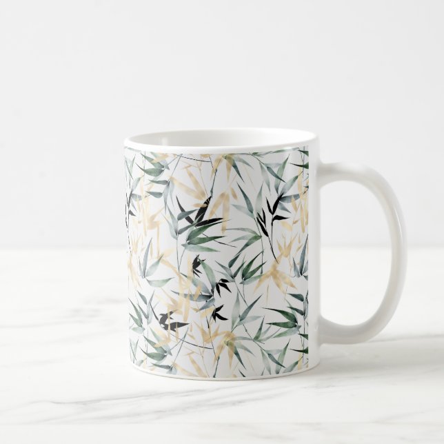 Japanese Watercolor Gold Green Bamboo Pattern Coffee Mug (Right)