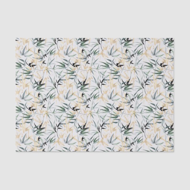 Japanese Watercolor Green Gold Bamboo Decoupage Tissue Paper (Front)