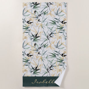 Japanese Watercolor Green Gold Bamboo Pattern Beach Towel