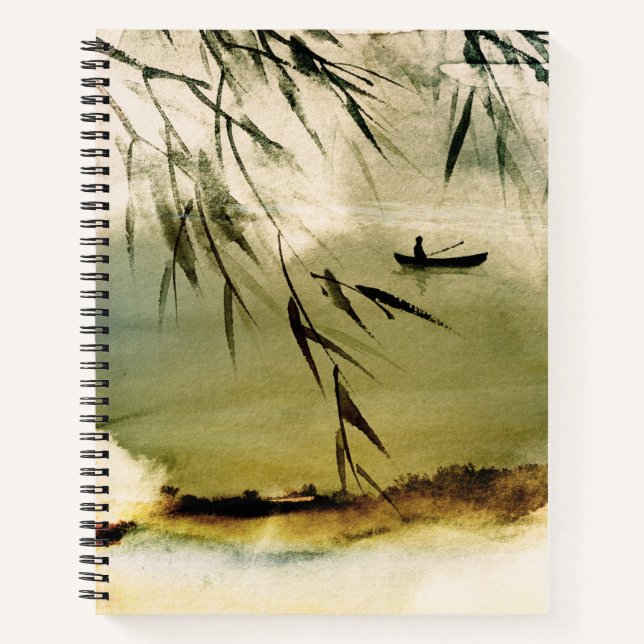 Japanese watercolor landscape man paddling boat notebook (Front)