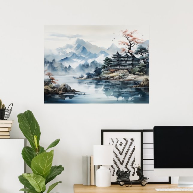 Japanese Watercolor Landscape Mountain Lake Poster (Watercolor poster of Japanese home by a mountain lake.)