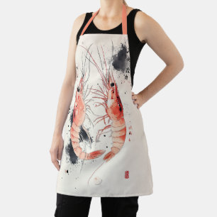 Japanese Watercolor Shrimp Art with Calligraphy Apron