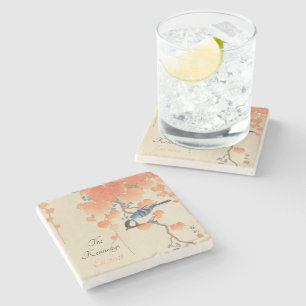 Japanese Watercolor Vintage Print With Bird   Stone Coaster