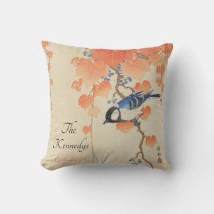 Japanese Watercolor Vintage Print With Bird Throw Pillow