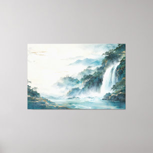 Japanese Waterfall and Misty Gorge – Indigo and Te Canvas Print