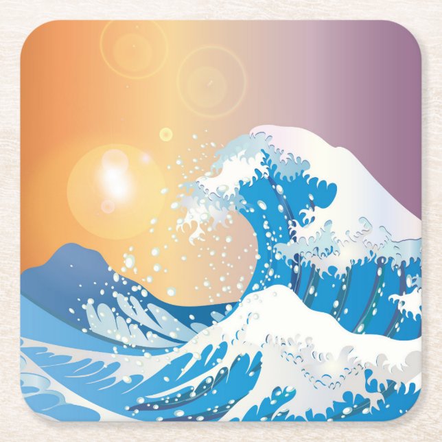 Japanese Wave Art Sunset Ocean Square Paper Coaster (Front)