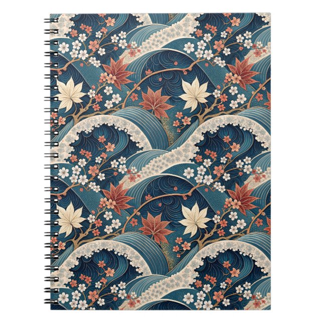 Japanese Wave & Cherry Blossom Floral Pattern Art Notebook (Front)