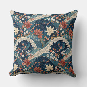 Japanese Wave & Cherry Blossom Floral Pattern Art Throw Pillow