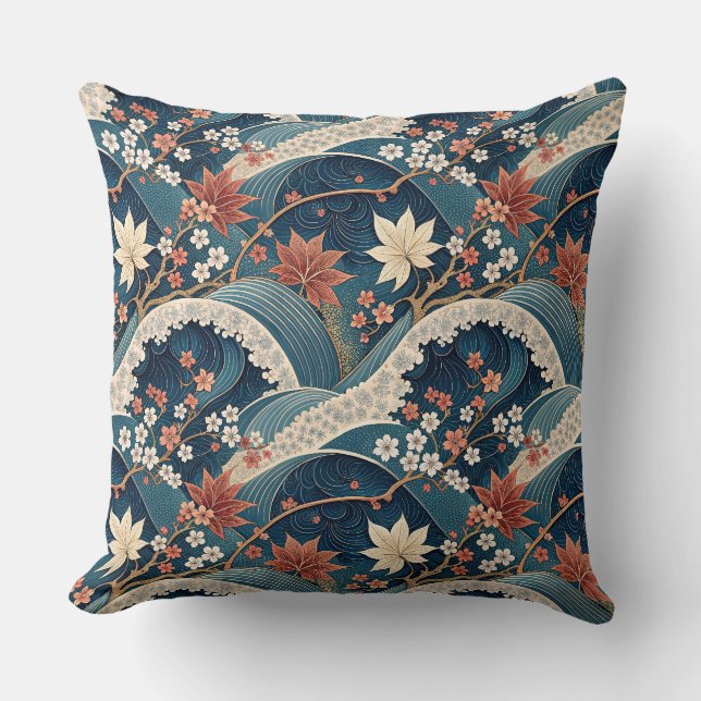 Japanese Wave & Cherry Blossom Floral Pattern Art Throw Pillow (Front)