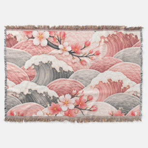 Japanese Wave Cherry Blossom Pattern Pink Coral Throw Blanket