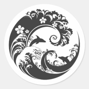 Japanese Wave & Hibiscus charcoal black Classic Round Sticker
