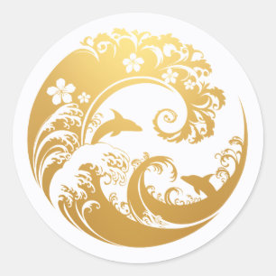 Japanese Wave & Hibiscus Gold Classic Round Sticker