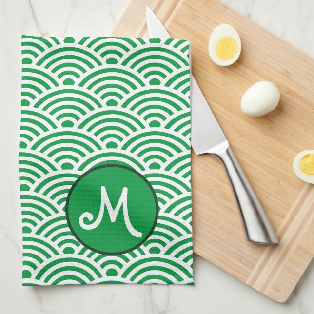 Japanese Wave Pattern and Monogram Kitchen Towel (Quarter Fold)