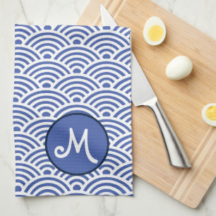 Japanese Wave Pattern and Monogram Kitchen Towel