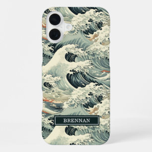 Japanese Wave Pattern Monogrammed iPhone 16 Plus Case