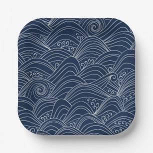 Japanese wave pattern motif dark blue white  paper plate
