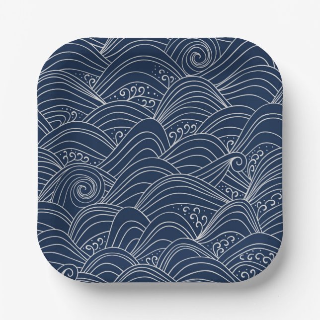 Japanese wave pattern motif dark blue white  paper plate (Front)