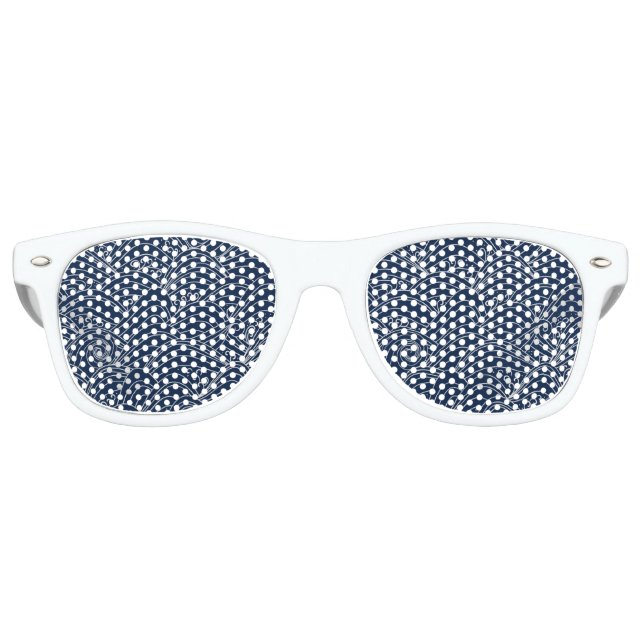 Japanese wave pattern motif dark blue white  retro sunglasses (Front)