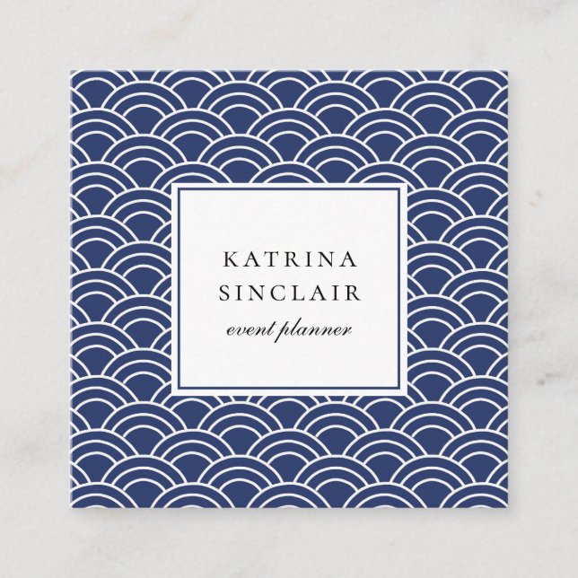 Japanese Wave Pattern Navy Blue Square Business Card (Front)