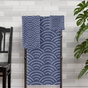 Japanese wave print pattern Blue Bath Towel Set