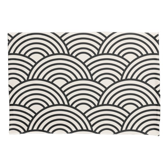 Japanese Wave Seigaiha Black And Cream White Pillowcase (Front)