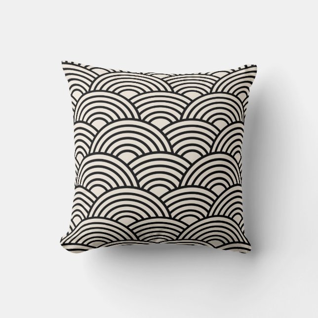 Japanese Wave Seigaiha Black And Cream White Throw Pillow (Front)