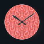 Japanese Wave Seigaiha Pattern Pink Red Round Clock<br><div class="desc">Japanese Wave Seigaiha Pattern - Pink and Red.</div>