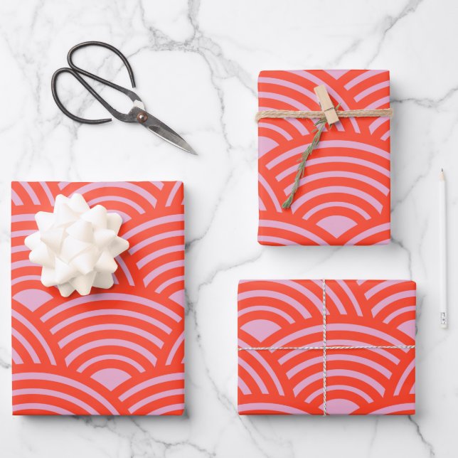 Japanese Wave Seigaiha Pattern Pink Red Wrapping Paper Sheet (Front)