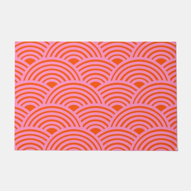 Japanese Wave Seigaiha Pattern Preppy Orange Pink Doormat (Front)