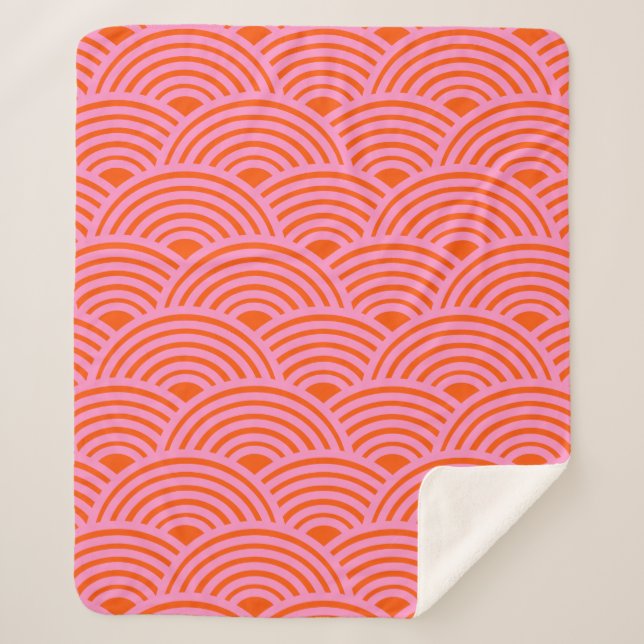 Japanese Wave Seigaiha Pattern Preppy Orange Pink Sherpa Blanket (Front)
