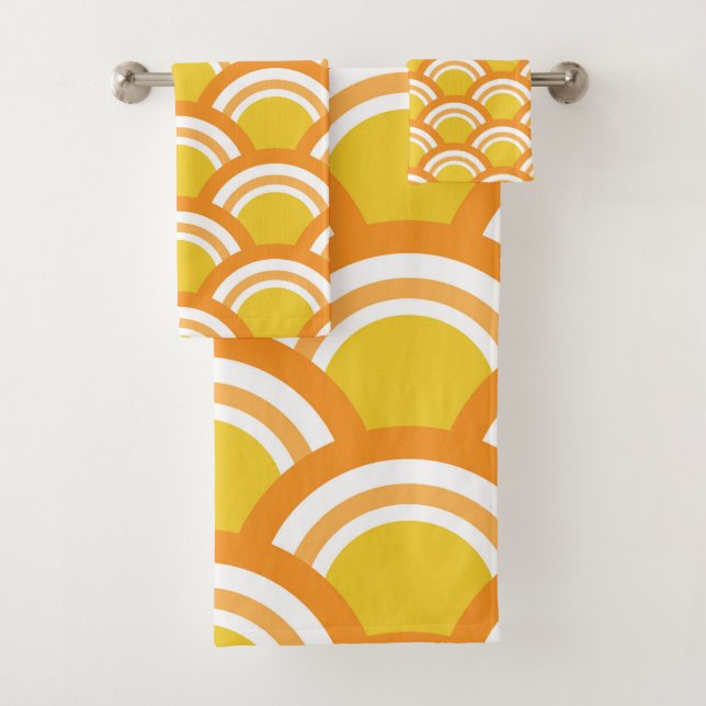 Japanese Wave Seigaiha  Pattern Yellow Orange  Bath Towel Set (Insitu)