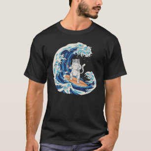 Japanese Wave Surfing Cat Eating Sushi T-Shirt