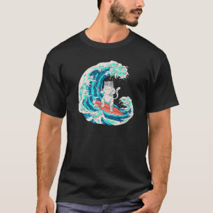 Japanese Wave Surfing Cat Eating Sushi T-Shirt