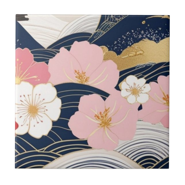 Japanese Waves and Blossoms Ceramic Tile - Piece 7 (Front)