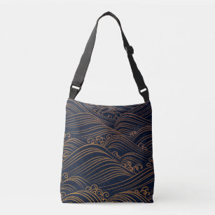 Japanese Waves Pattern Dark Blue and Gold Crossbody Bag