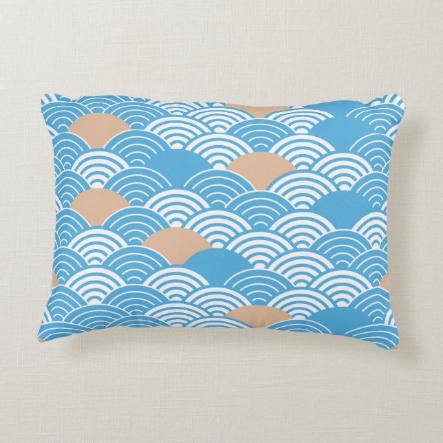 Japanese Waves Pattern Light Blue Beige White  Accent Pillow (Back)