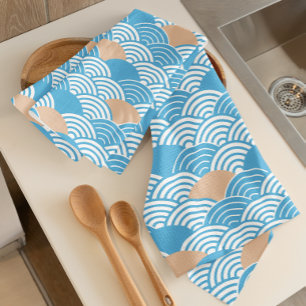 Japanese Waves Pattern Light Blue Beige White  Kitchen Towel