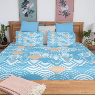 Japanese Waves Pattern Light Blue Beige White  Pillowcase