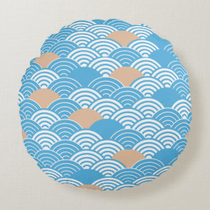 Japanese Waves Pattern Light Blue Beige White  Round Pillow