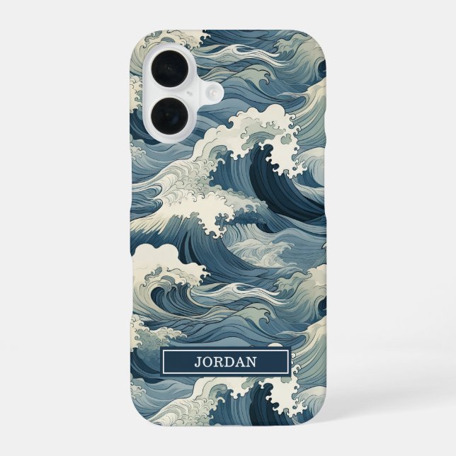 Japanese Waves Pattern Monogrammed iPhone 16 Case (Back)