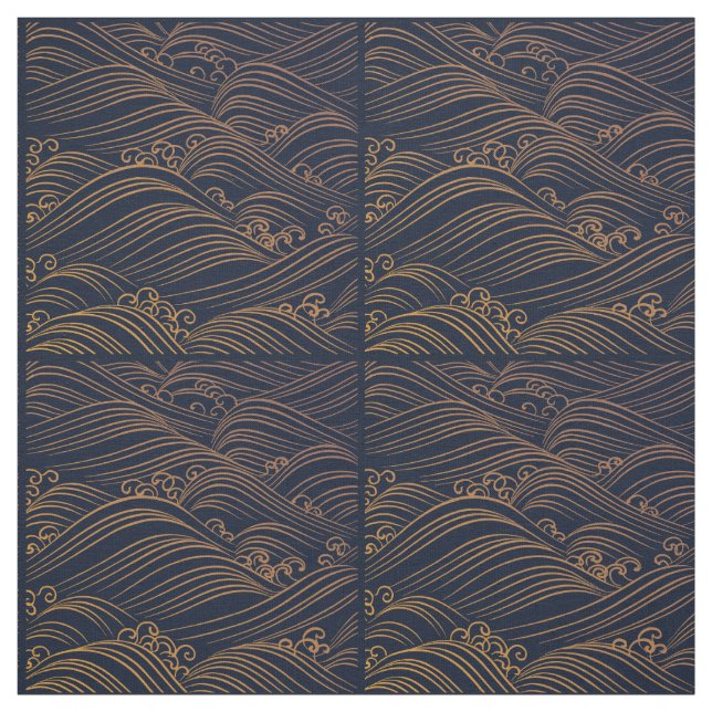 Japanese Waves Pattern Navy Blue and Gold Brown Fabric (Swatch)