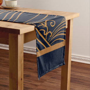 Japanese Waves Pattern Navy Blue and Gold Brown Medium Table Runner