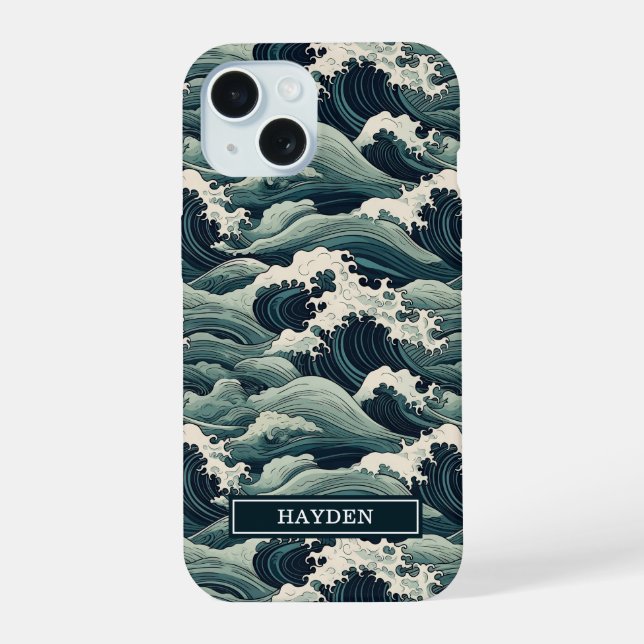 Japanese Waves Print Monogrammed iPhone 15 Case (Back)