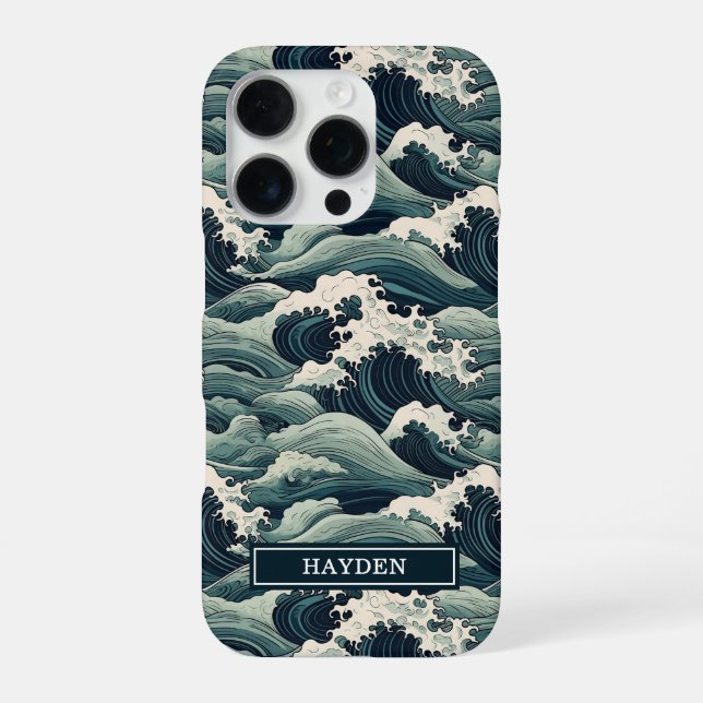 Japanese Waves Print Monogrammed iPhone Case (Back)