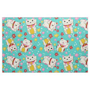 Japanese Waving Maneki Neko Cats Turquoise Blue Fabric